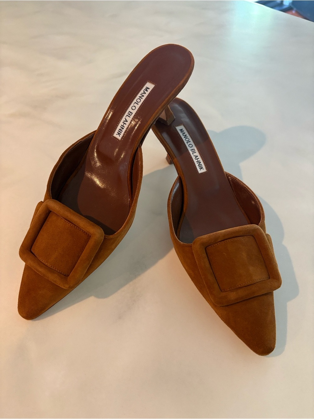 Manolo Blahnik Maysale Brown Suede Kitten Heel Mule - Size 38.5